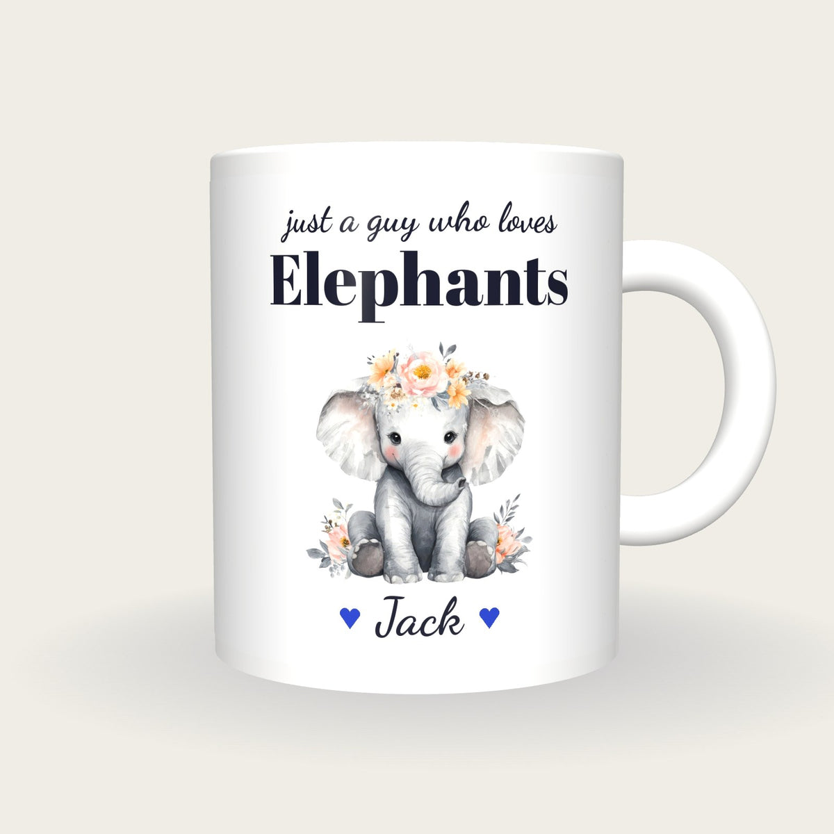 Personalised Elephant Mug, Just A Guy Who Loves Elephants, front