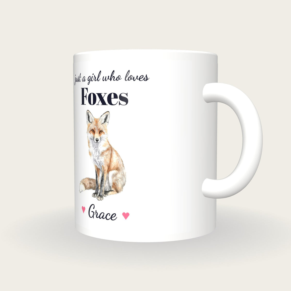 Personalised Fox Mug, Just A Girl Who Loves Foxes, three-quarter view