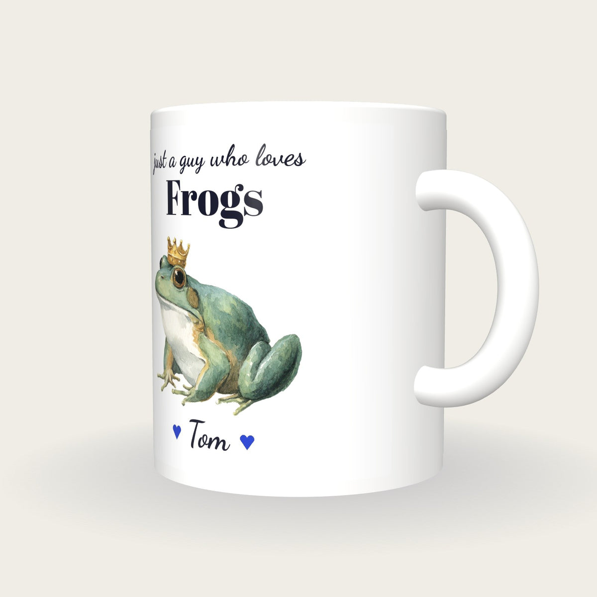 Personalised Frog Mug, Just A Guy Who Loves Frogs, three-quarter view