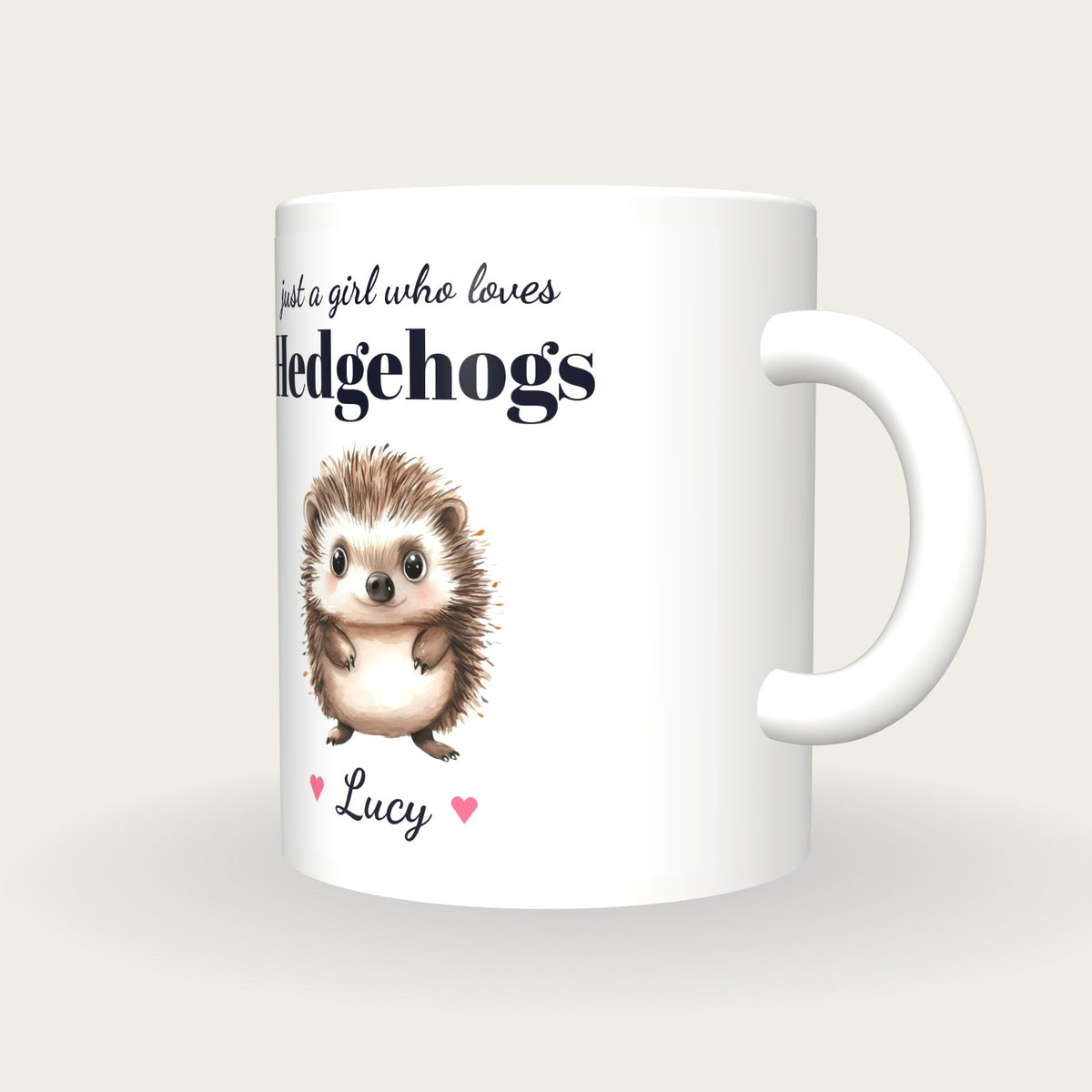 Personalised Hedgehog Mug, Just A Girl Who Loves Hedgehogs, three-quarter view