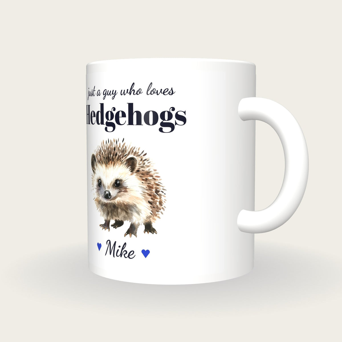Personalised Hedgehog Mug, Just A Guy Who Loves Hedgehogs, three-quarter view