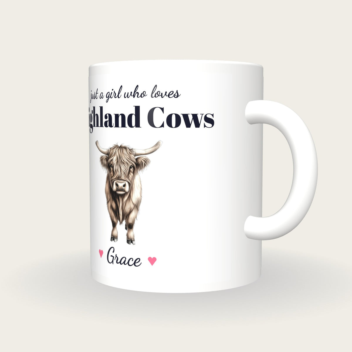 Personalised Highland Cow Mug, Just A Girl Who Loves Highland Cows, three-quarter view