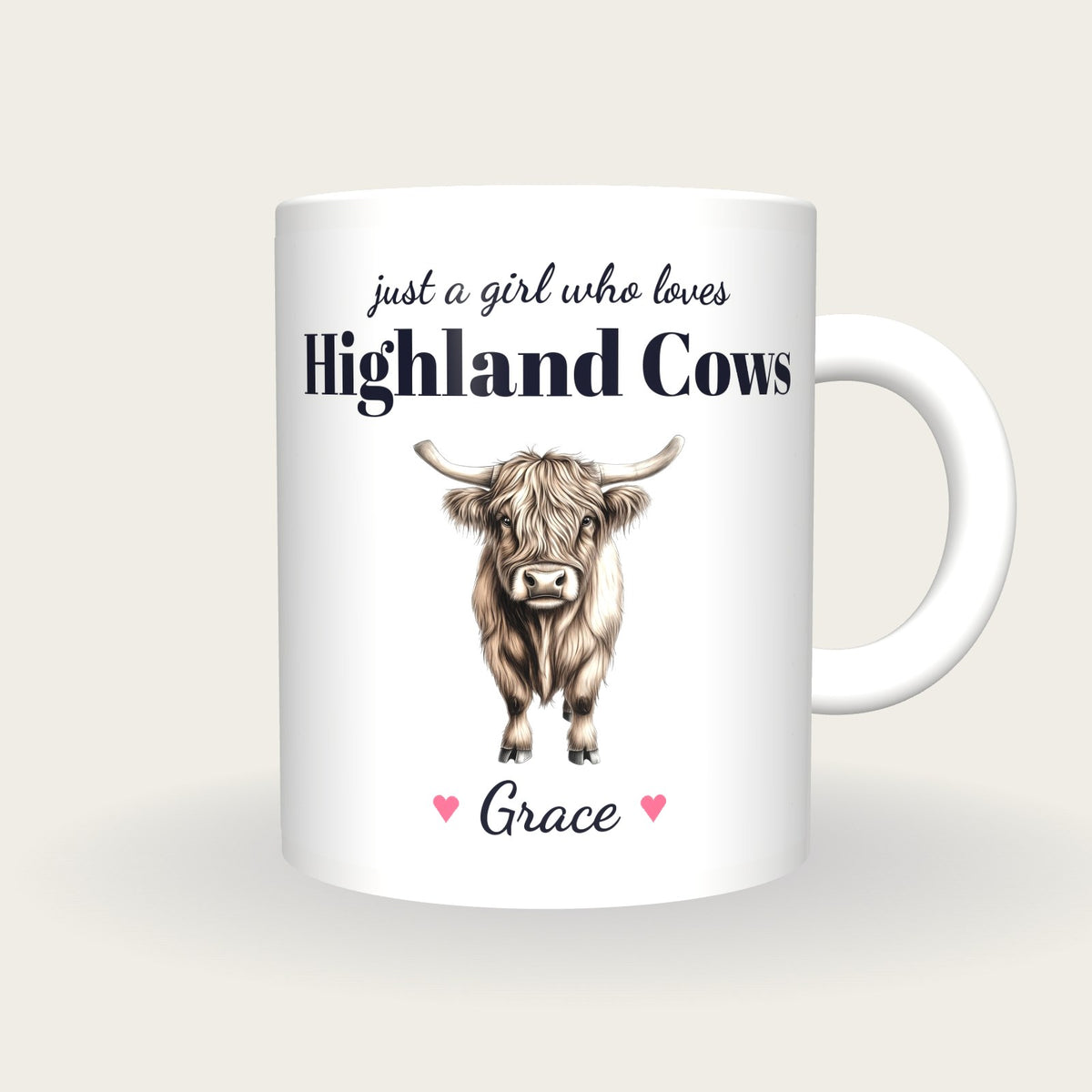 Personalised Highland Cow Mug, Just A Girl Who Loves Highland Cows, front