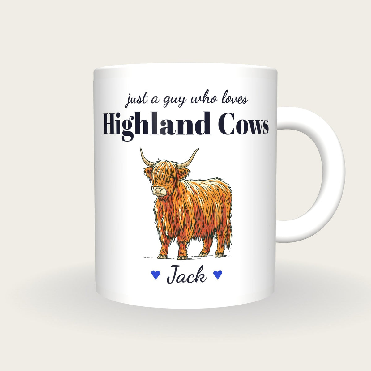 Personalised Highland Cow Mug, Just A Guy Who Loves Highland Cows, front