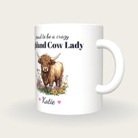 Personalised Highland Cow Mug, Crazy Highland Cow Lady, three-quarter view