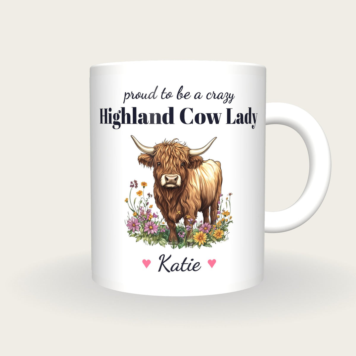 Personalised Highland Cow Mug, Crazy Highland Cow Lady, front