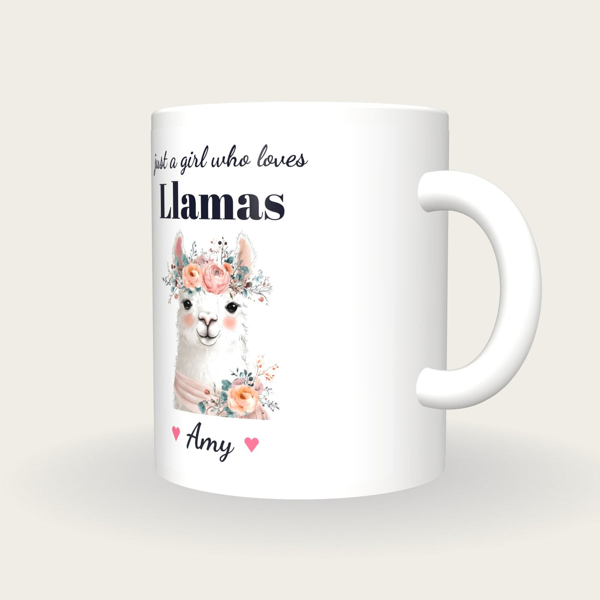 Personalised Llama Mug, Just A Girl Who Loves Llamas, three-quarter view