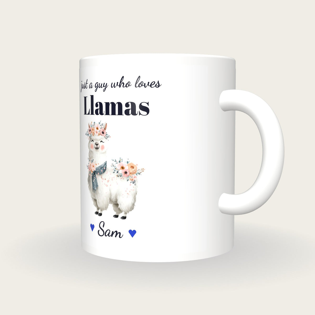 Personalised Llama Mug, Just A Guy Who Loves Llamas, three-quarter view