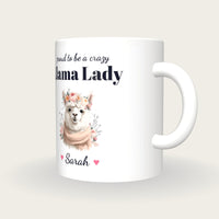 Personalised Llama Mug, Crazy Llama Lady, three-quarter view