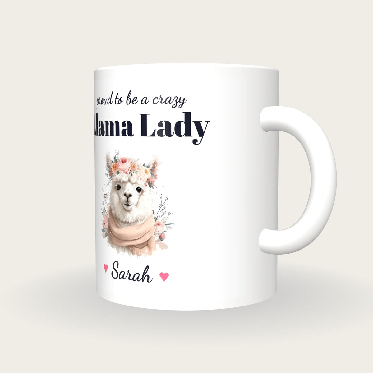 Personalised Llama Mug, Crazy Llama Lady, three-quarter view
