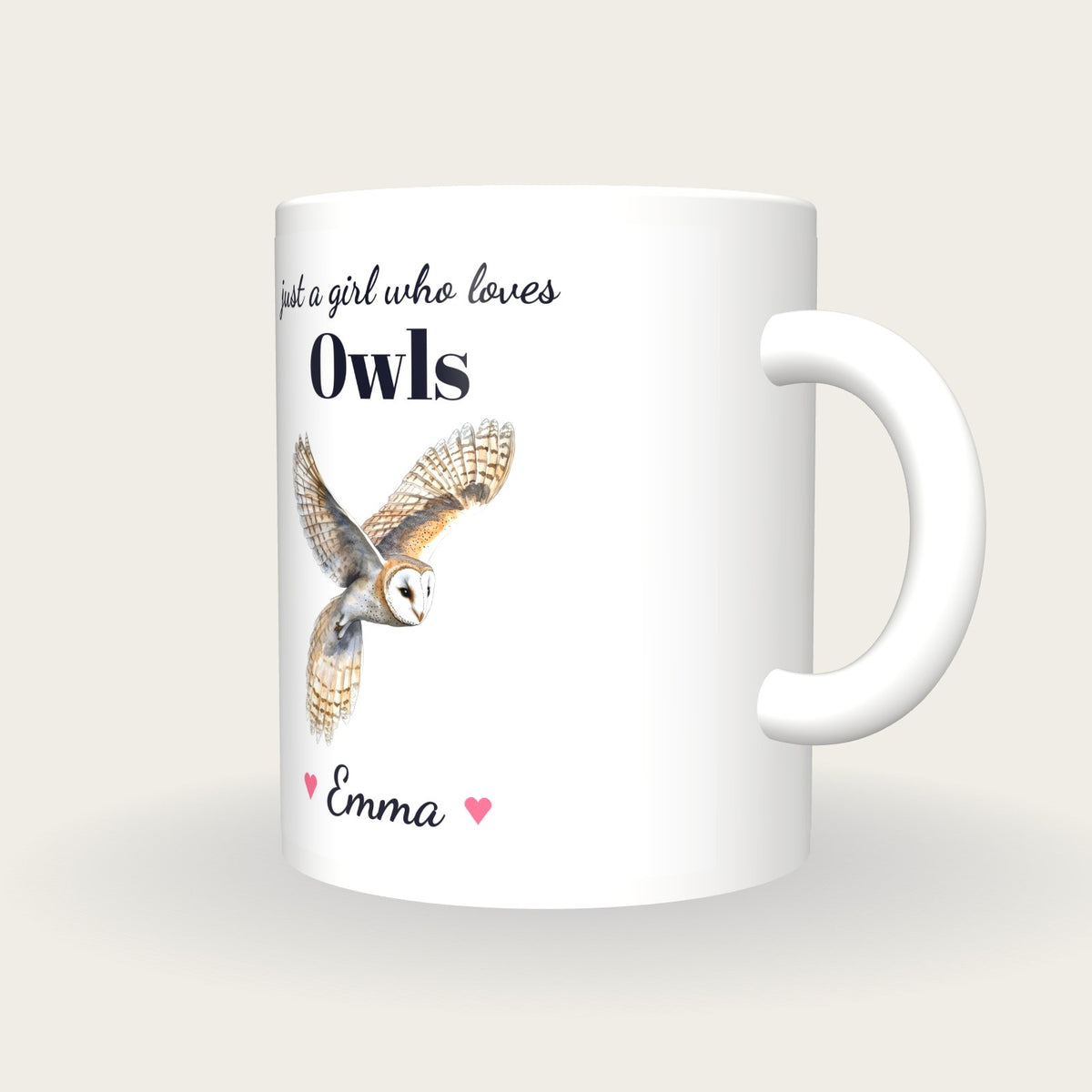 Personalised Owl Mug, Just A Girl Who Loves Owls, three-quarter view