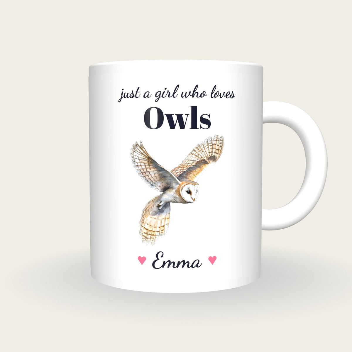 Personalised Owl Mug, Just A Girl Who Loves Owls, front