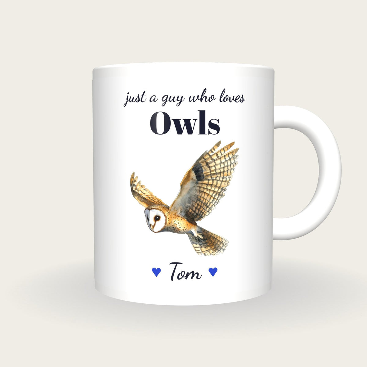 Personalised Owl Mug, Just A Guy Who Loves Owls, front