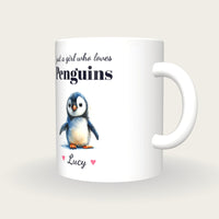 Personalised Penguin Mug, Just A Girl Who Loves Penguins, three-quarter view