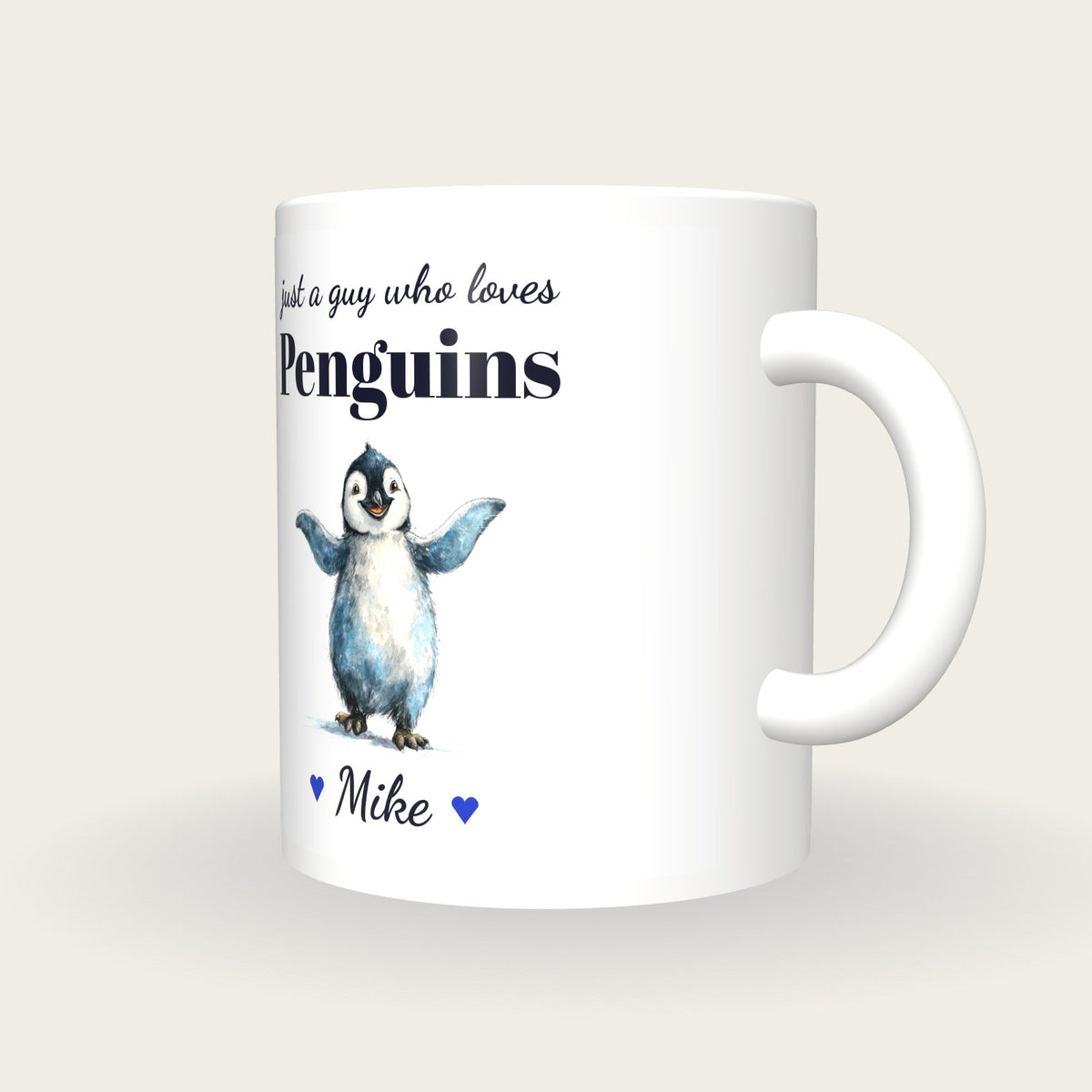 Personalised Penguin Mug, Just A Guy Who Loves Penguins, three-quarter view
