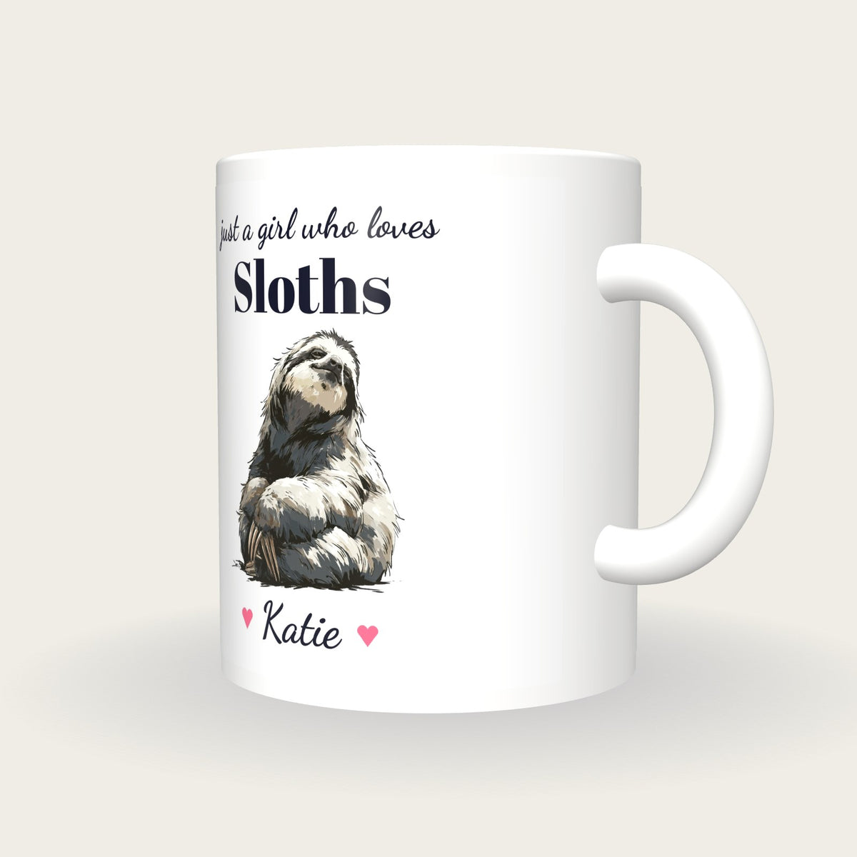 Personalised Sloth Mug, Just A Girl Who Loves Sloths, three-quarter view
