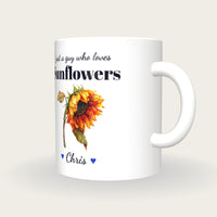 Personalised Sunflower Mug, Just A Guy Who Loves Sunflowers, three-quarter view
