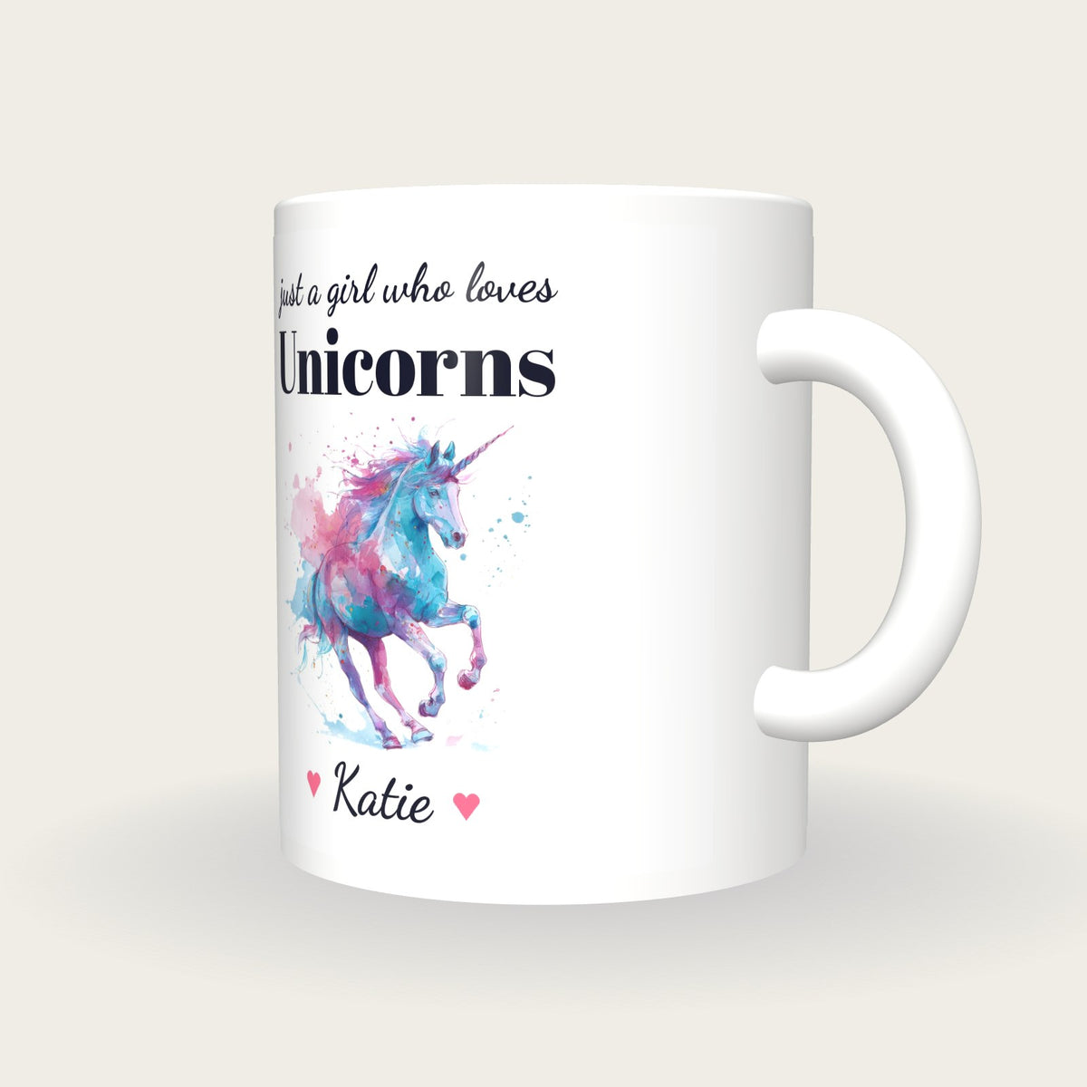 Personalised Unicorn Mug, Just A Girl Who Loves Unicorns, three-quarter view