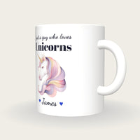 Personalised Unicorn Mug, Just A Guy Who Loves Unicorns, three-quarter view