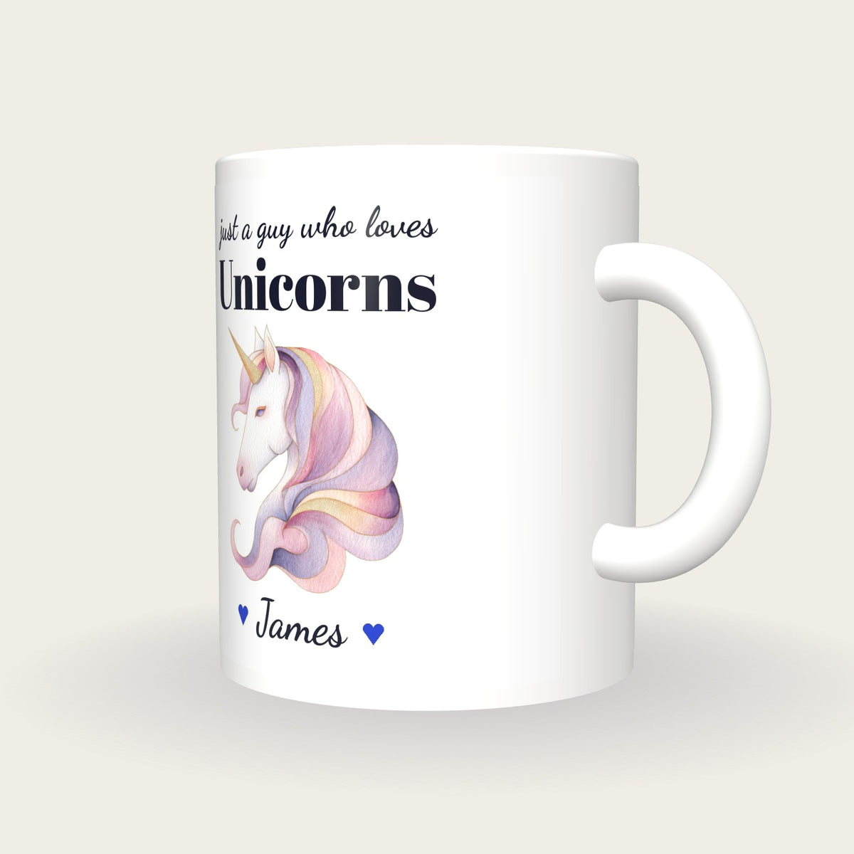 Personalised Unicorn Mug, Just A Guy Who Loves Unicorns, three-quarter view