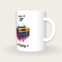 Personalised Boombox Mug, Turn It Up, three-quarter view