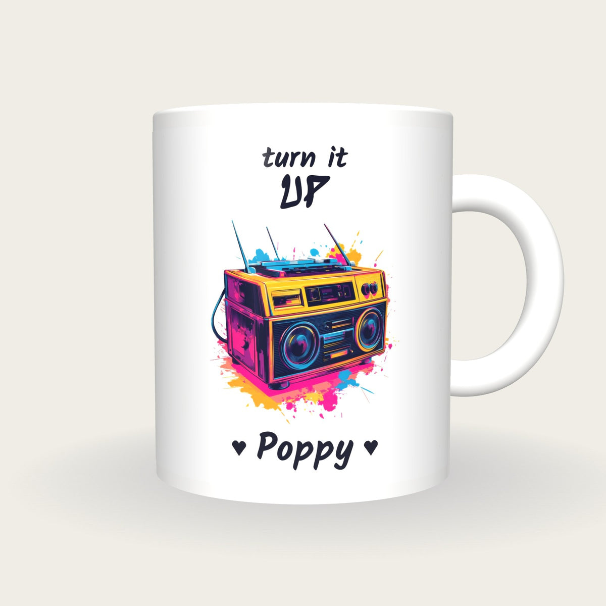 Personalised Boombox Mug, Turn It Up, front