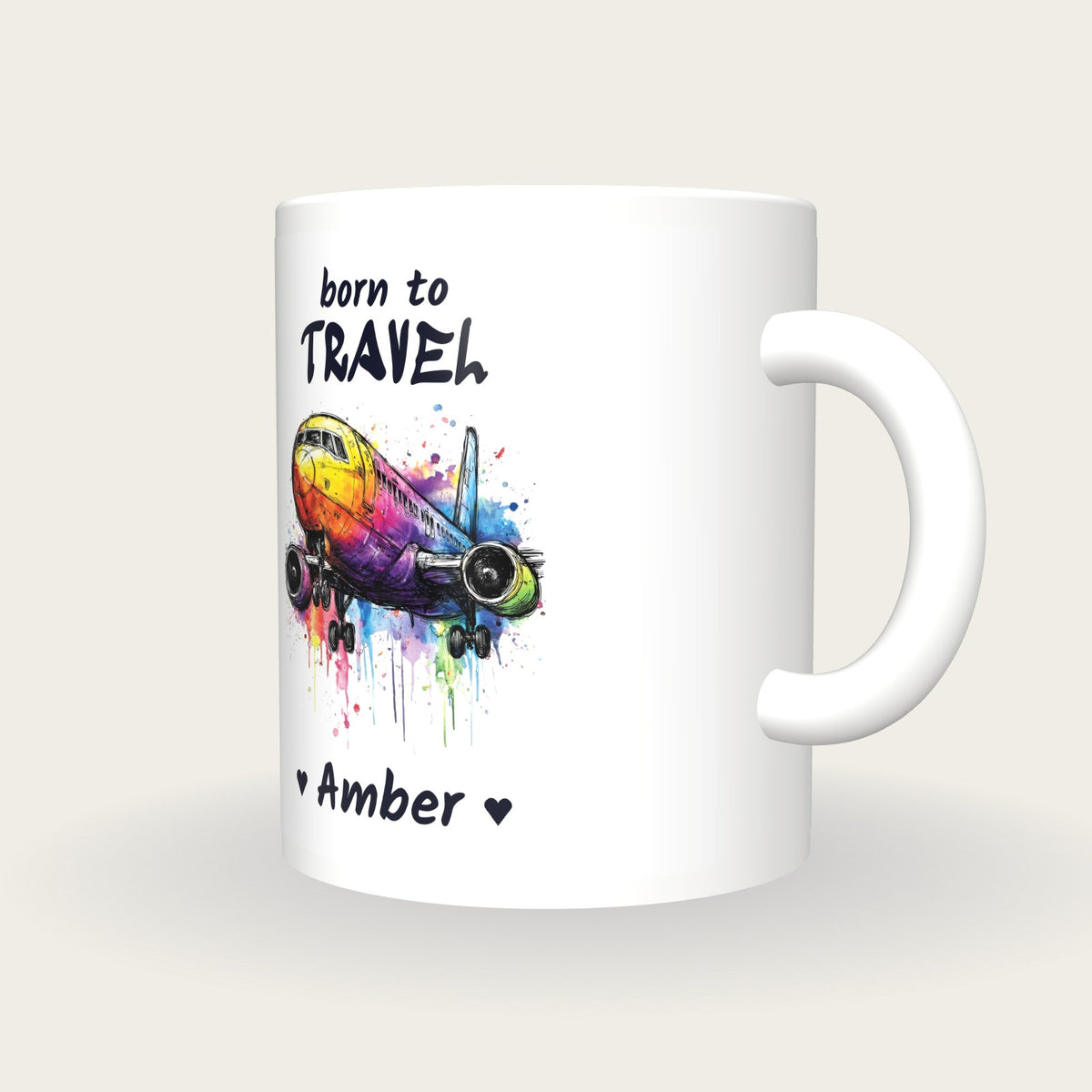 Personalised Aeroplane Mug, Born To Travel, three-quarter view