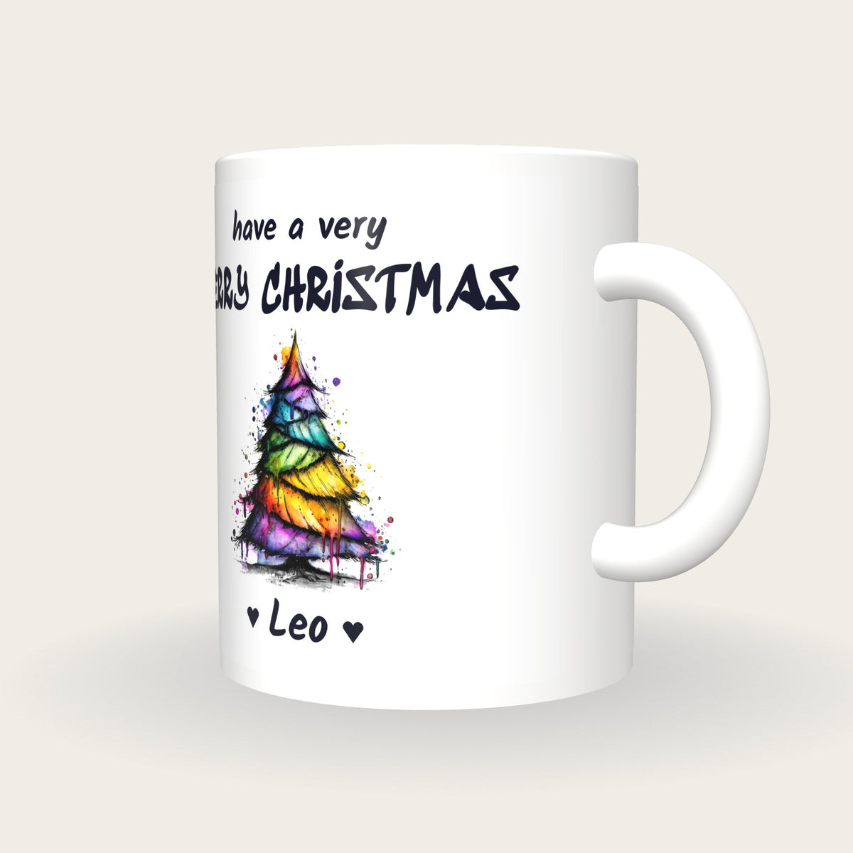 Personalised Christmas Tree Mug, Merry Christmas, three-quarter view