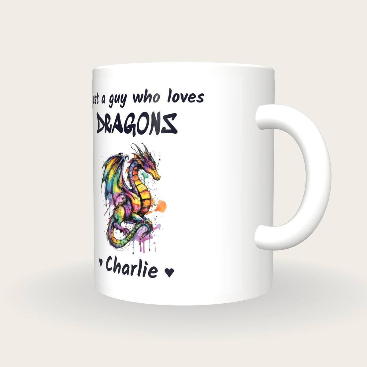 Personalised Dragon Mug, Just A Guy Who Loves Dragons, three-quarter view