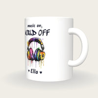 Personalised Headphones Mug, Music On World Off, three-quarter view