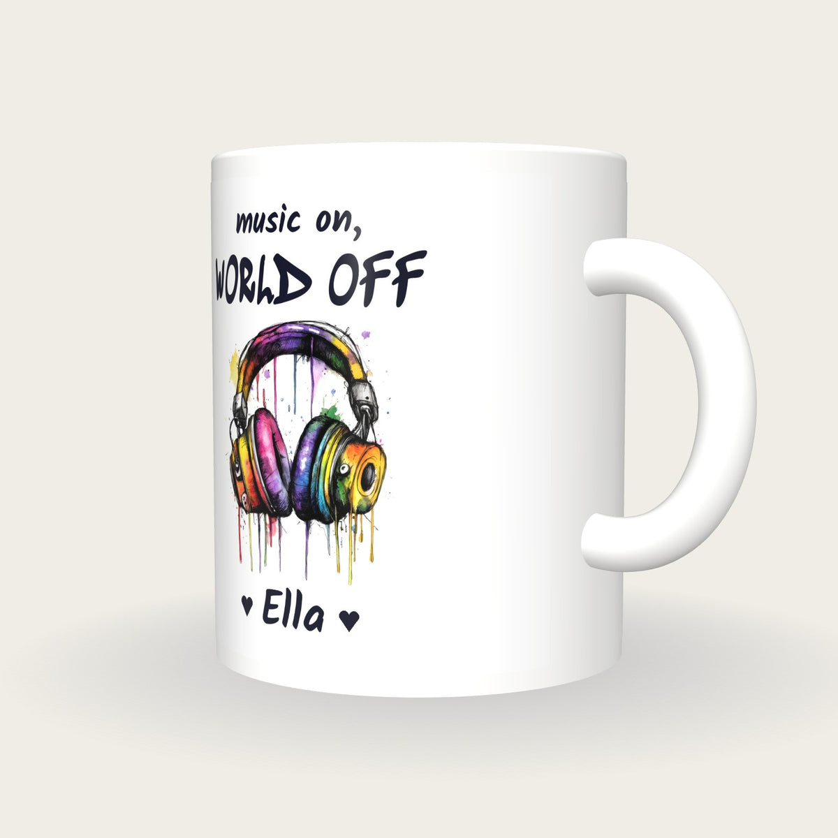 Personalised Headphones Mug, Music On World Off, three-quarter view
