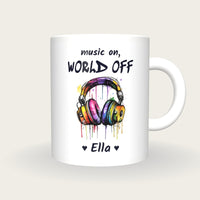 Personalised Headphones Mug, Music On World Off, front