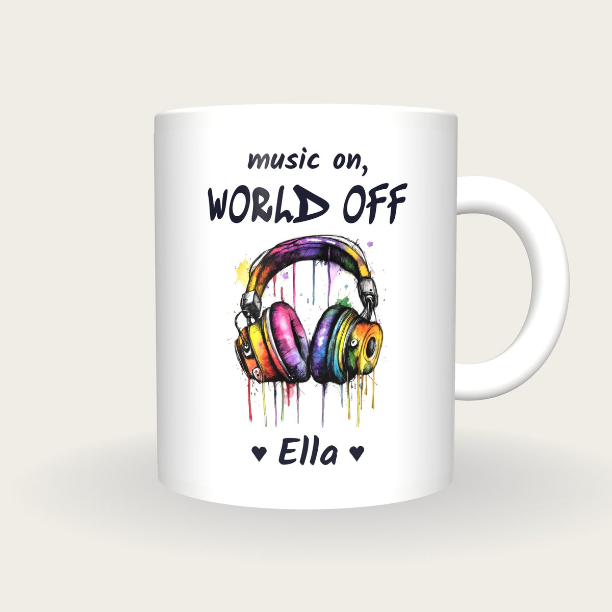 Personalised Headphones Mug, Music On World Off, front