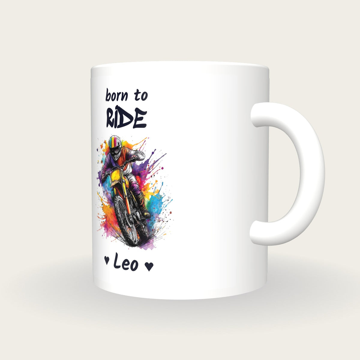 Personalised Motorbike Mug, Born To Ride, three-quarter view