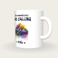 Personalised Mountain Mug, The Mountains Are Calling, three-quarter view