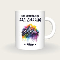 Personalised Mountain Mug, The Mountains Are Calling, front