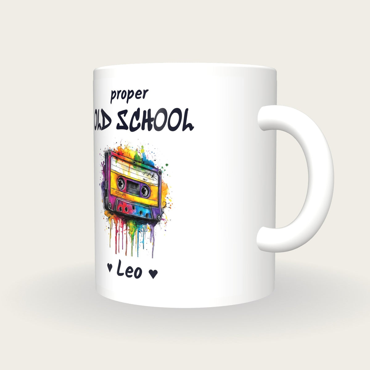 Personalised Cassette Tape Mug, Proper Old School, three-quarter view