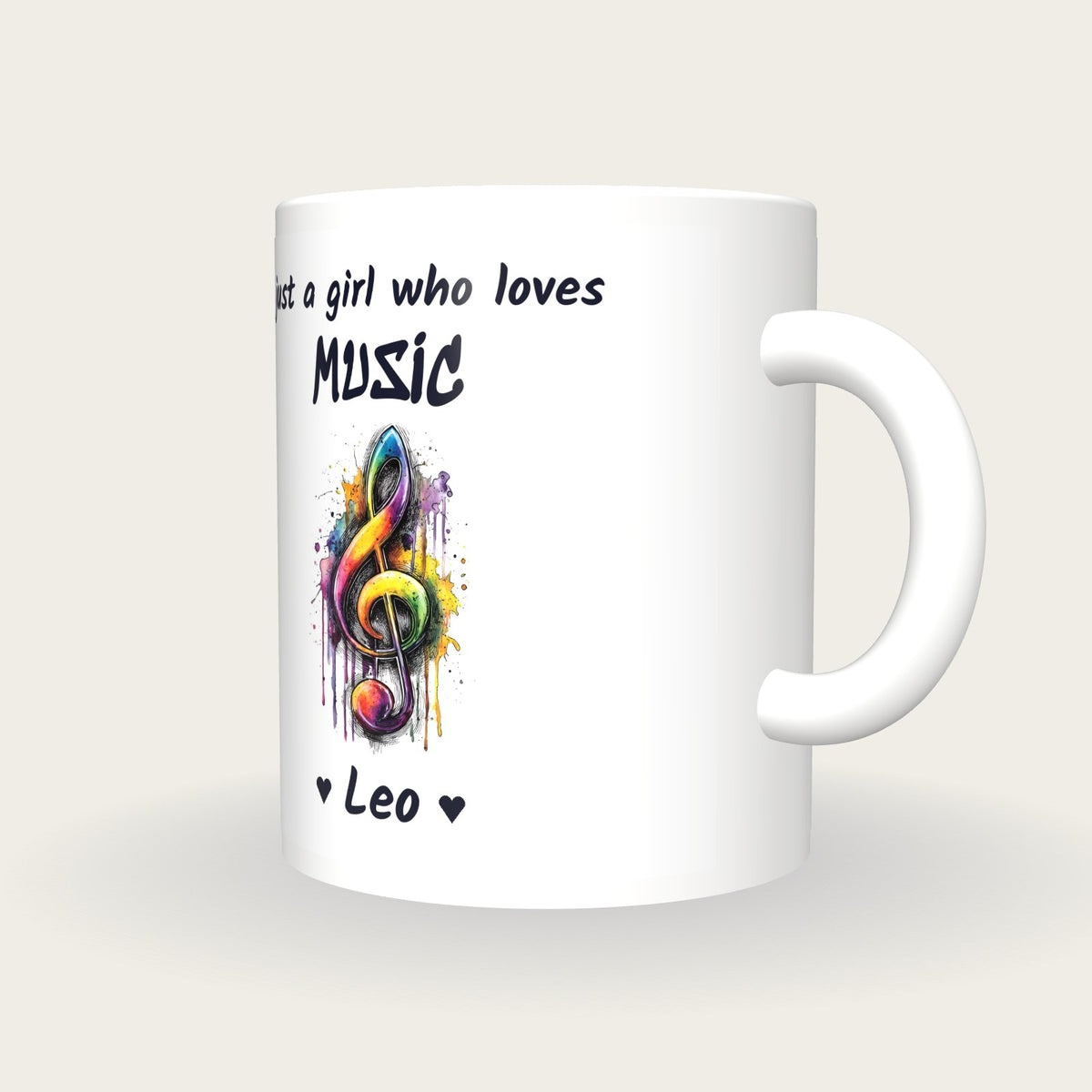 Personalised Music Note Mug, Just A Girl Who Loves Music, three-quarter view