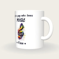 Personalised Music Note Mug, Just A Guy Who Loves Music, three-quarter view