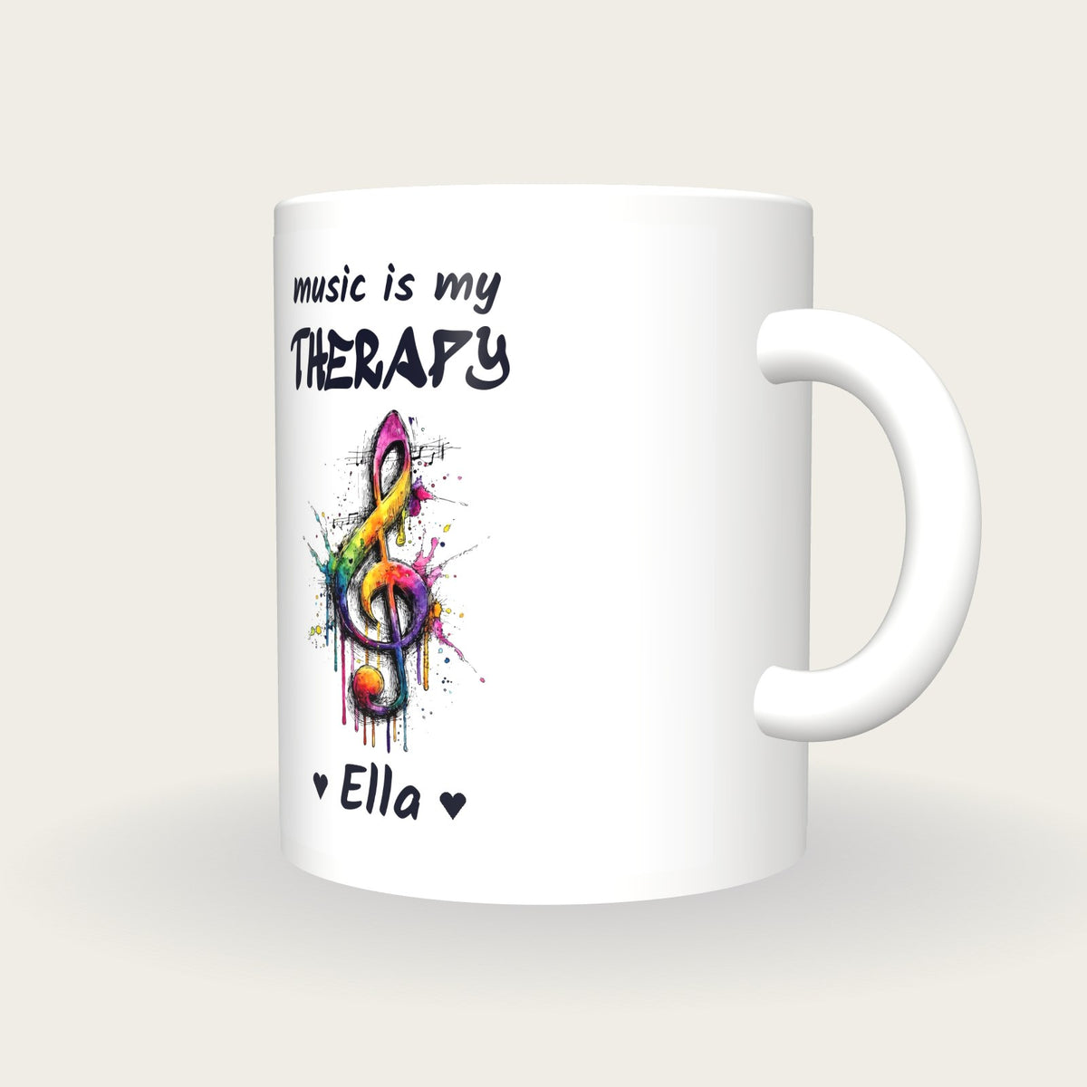 Personalised Music Note Mug, Music Is My Therapy, three-quarter view