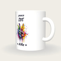 Personalised Peace Sign Mug, Peace Out, three-quarter view