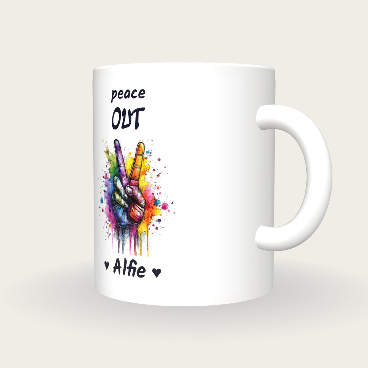Personalised Peace Sign Mug, Peace Out, three-quarter view