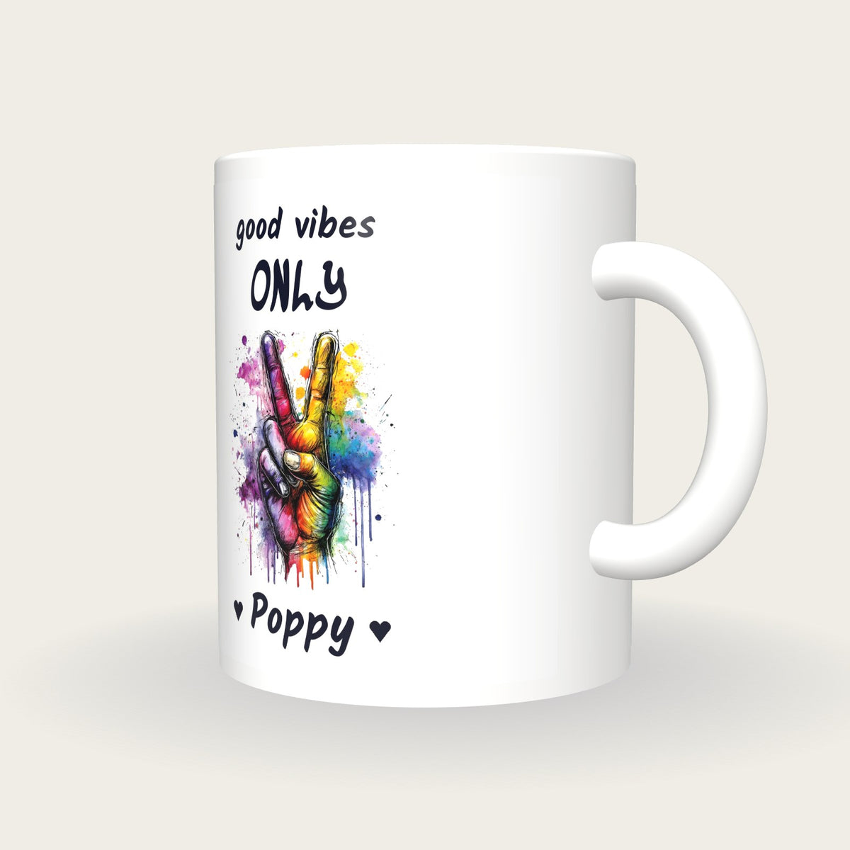 Personalised Peace Sign Mug, Good Vibes Only, three-quarter view