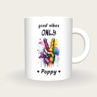 Personalised Peace Sign Mug, Good Vibes Only, front