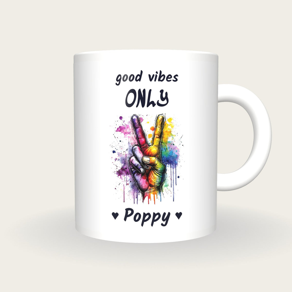 Personalised Peace Sign Mug, Good Vibes Only, front
