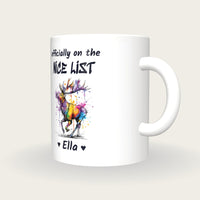 Personalised Reindeer Mug, On The Nice List, three-quarter view