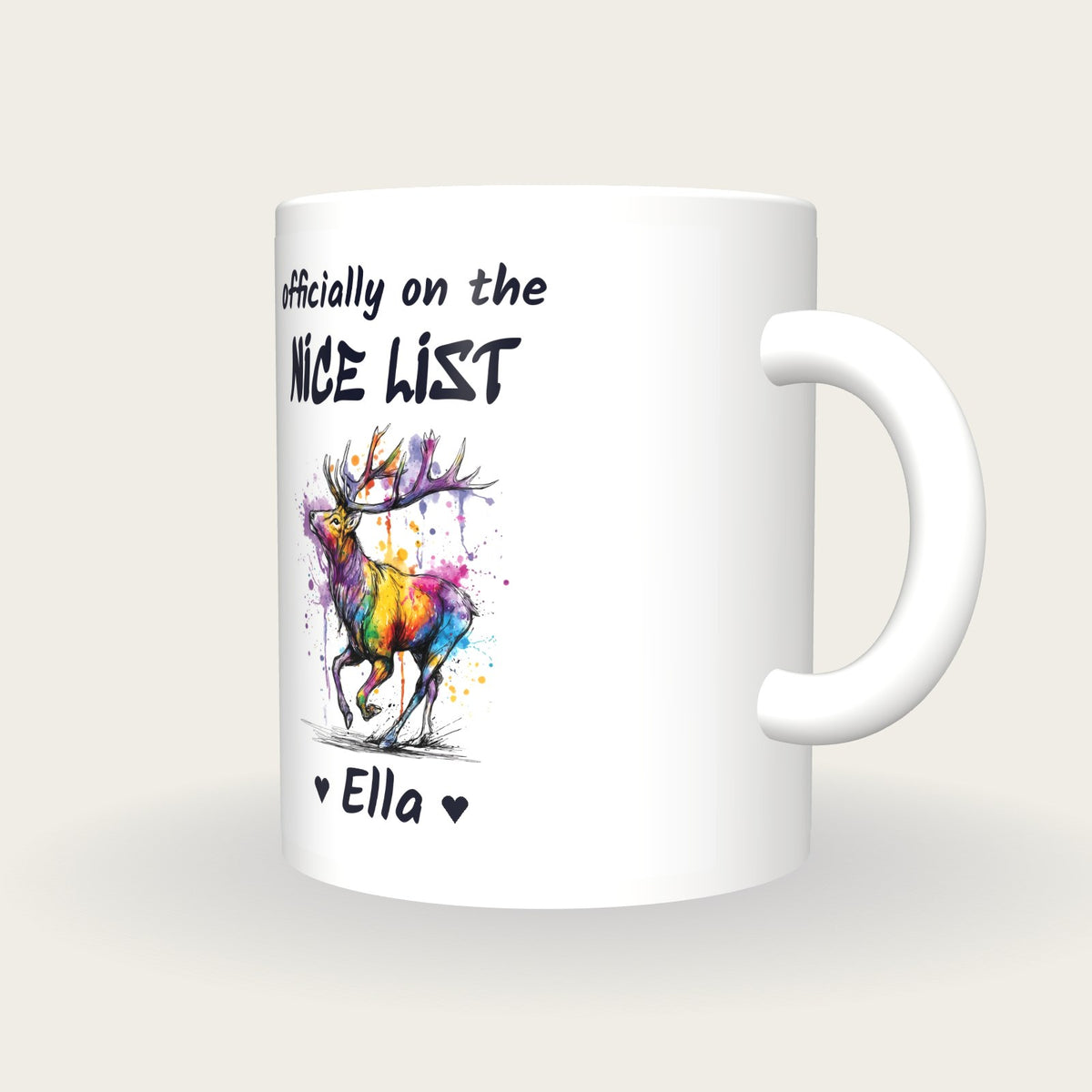 Personalised Reindeer Mug, On The Nice List, three-quarter view