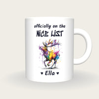 Personalised Reindeer Mug, On The Nice List, front