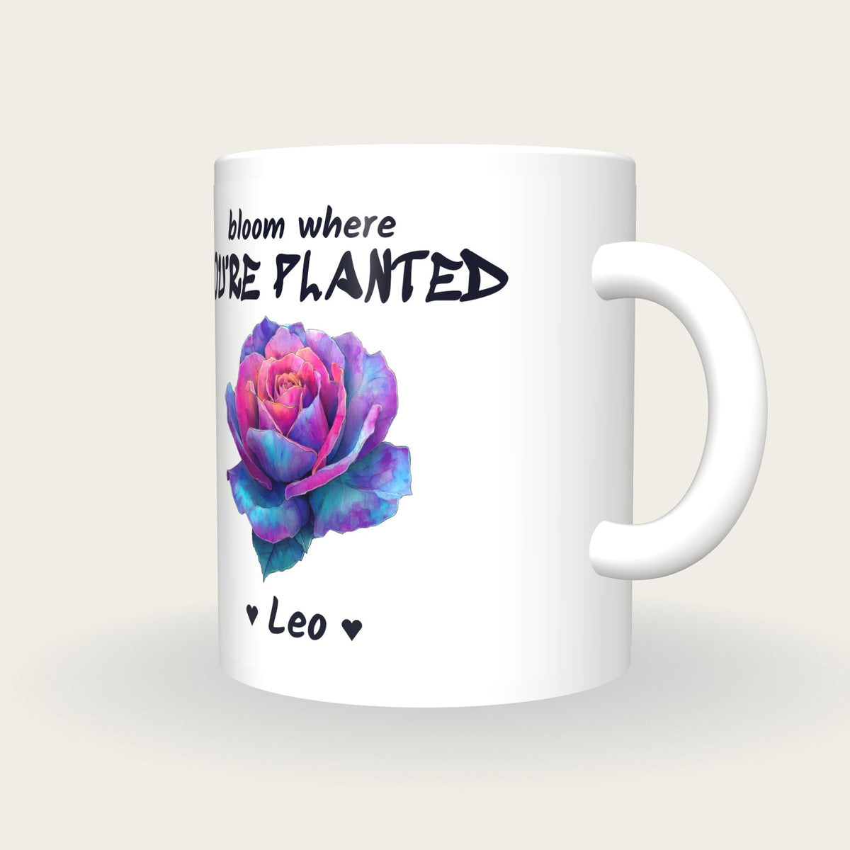 Personalised Rose Mug, Bloom Where You're Planted, three-quarter view