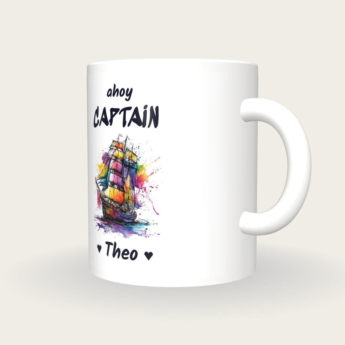 Personalised Sailing Ship Mug, Ahoy Captain, three-quarter view